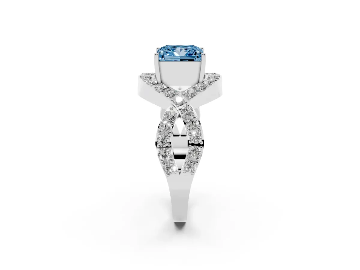 Fancy Blue Princess Cut Solitaire Twist Band Pavé Diamond Engagement Ring White gold