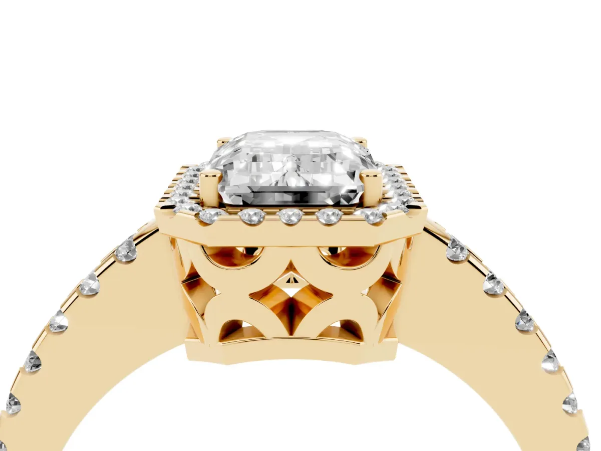 Emerald Cut Diamond Halo Engagement Ring with Pavé Band and Prong Setting Yellow gold