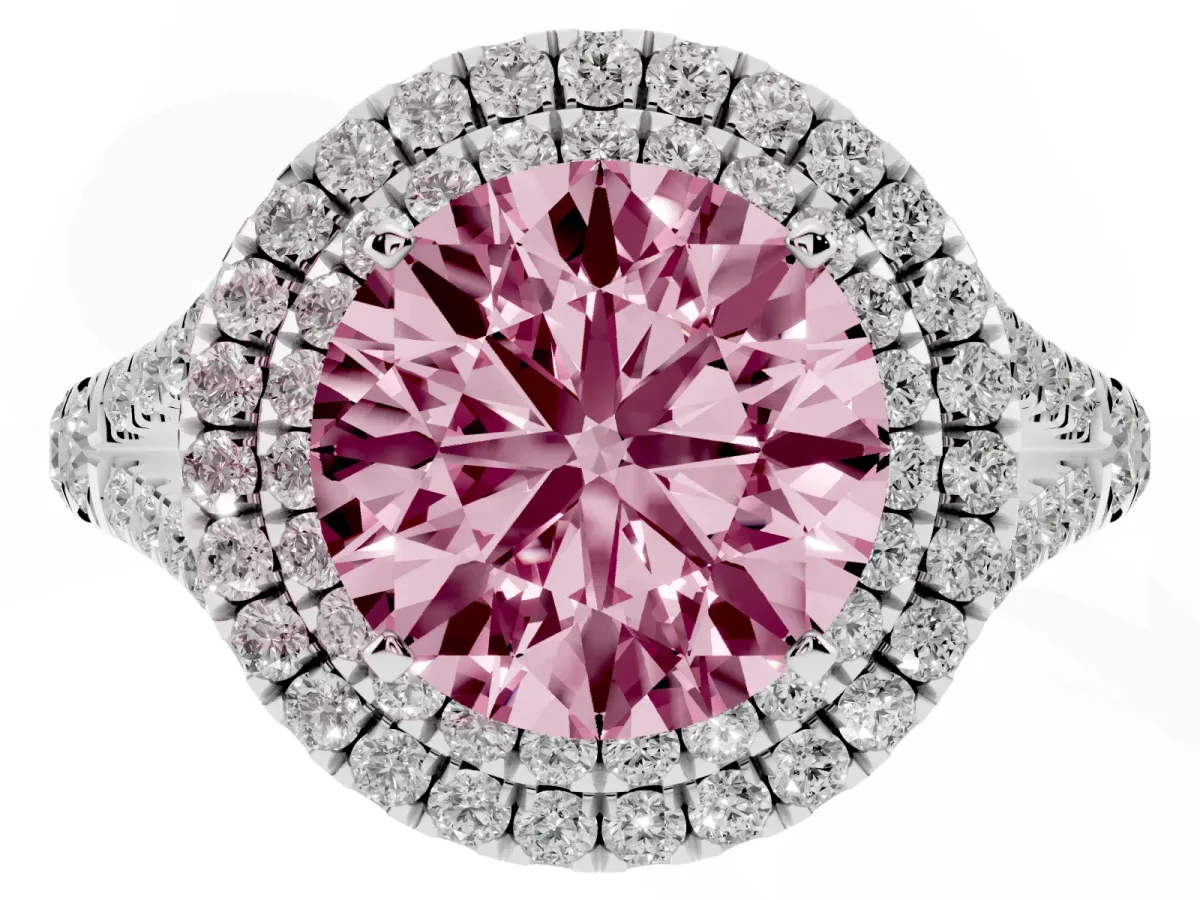 Fancy Pink Round Cut Cut Double Halo Split Shank Diamond Ring with Prong Setting Silver