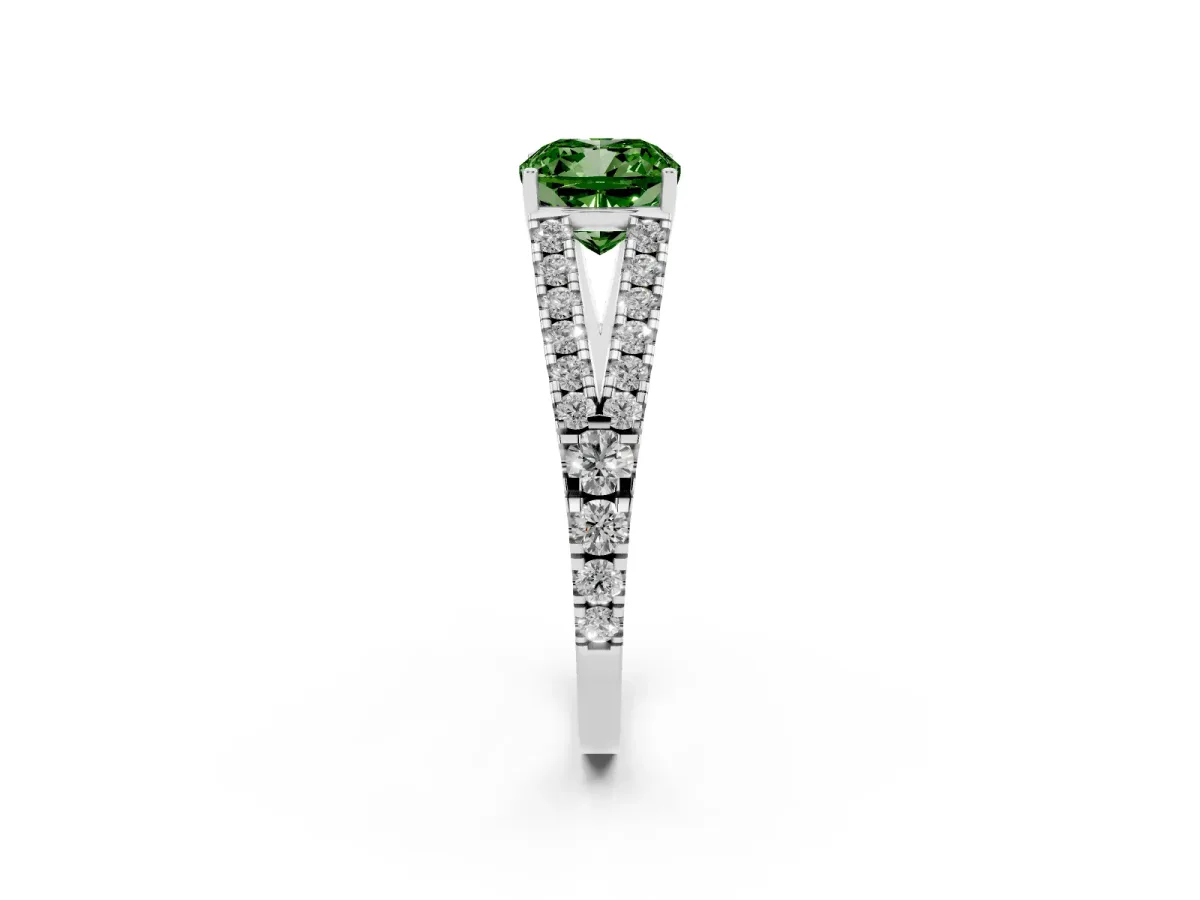 Fancy Green Cushion Cut Diamond Split Shank Engagement Ring with Round Pavé and Prong Setting Silver