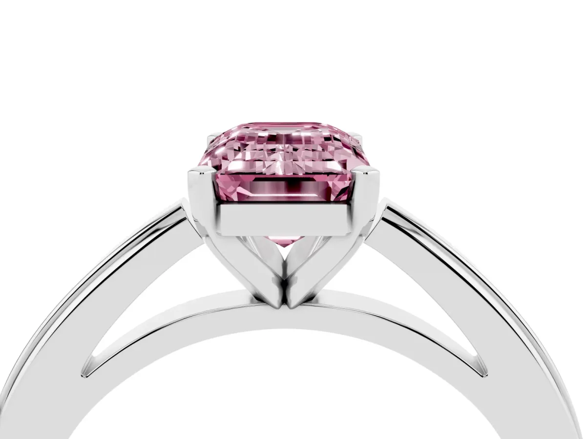 Fancy Pink Emerald Cut Solitaire Diamond Ring with Four-Prong Setting and Classic Band Silver