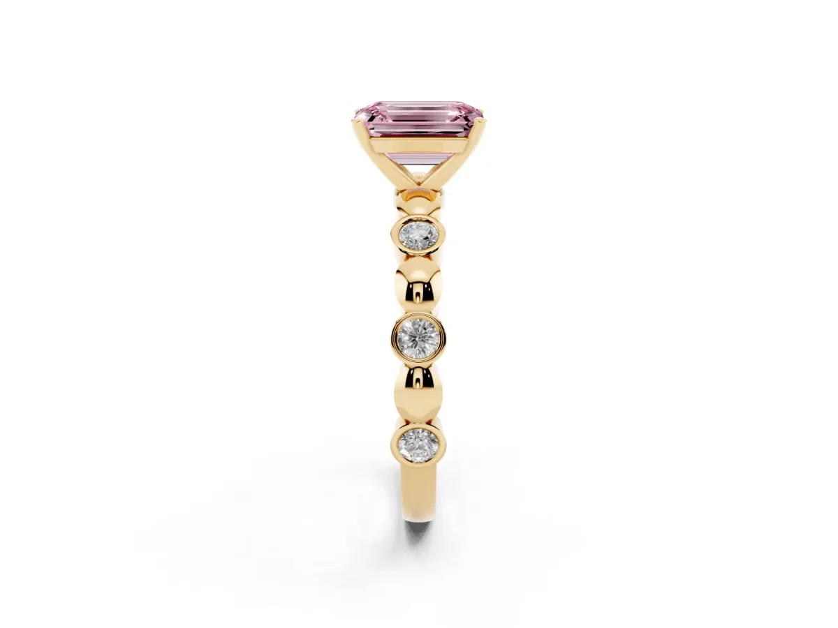 Fancy Pink Emerald Cut Solitaire Bezel-Set Diamond Ring with Beaded Band and Four-Prong Setting Yellow gold