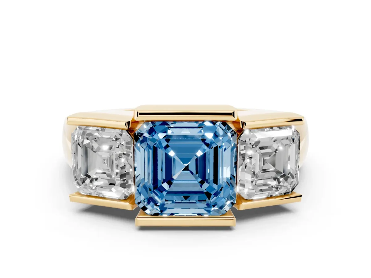 Fancy Blue Three Stone Asscher Cut Cut Channel Set Diamond Ring Yellow gold