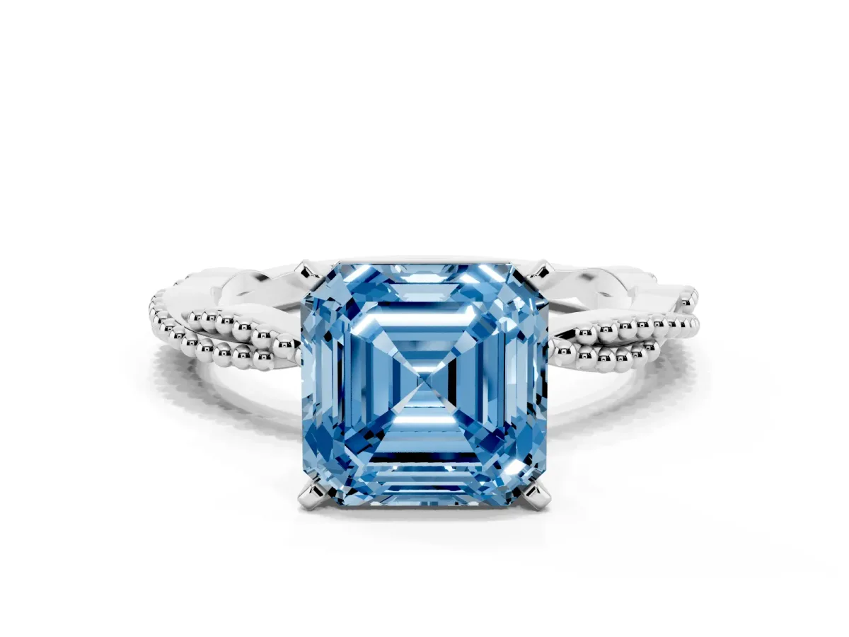 Fancy Blue Asscher Cut Solitaire Twisted Band with Bead Prong Setting White gold