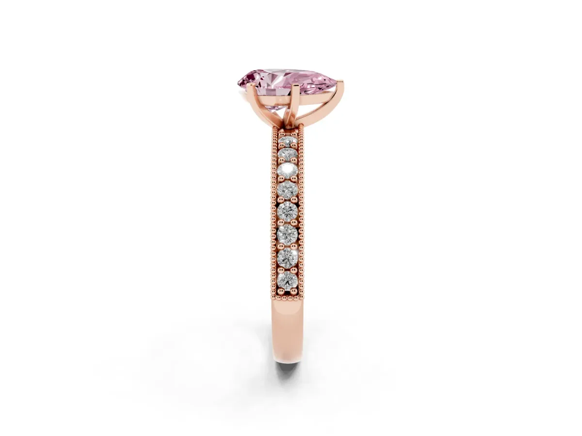 Fancy Pink Pear Cut Diamond Milgrain Pavé Engagement Ring with Four-Prong Setting Rose gold