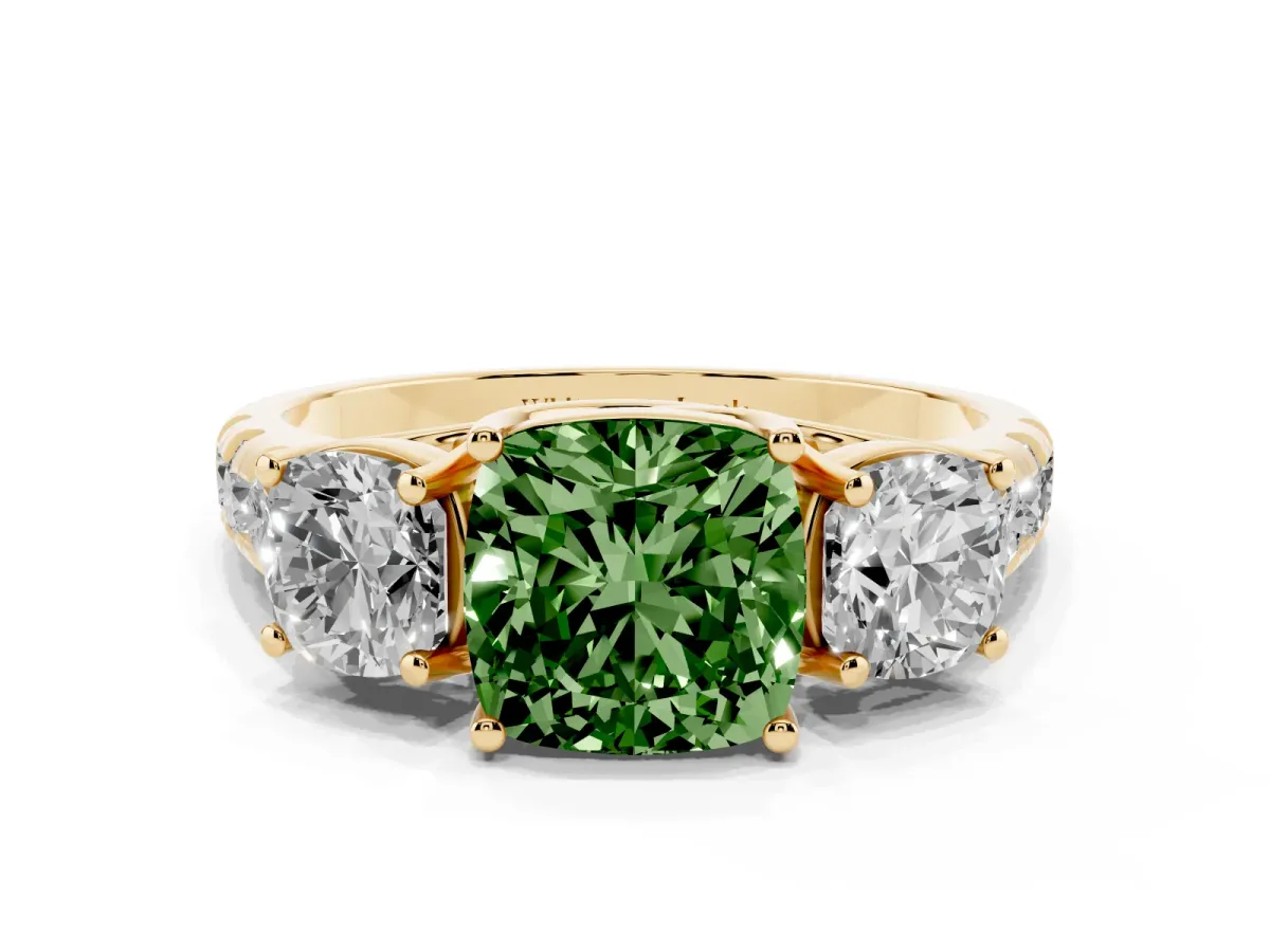 Fancy Green Three-Stone Cushion Cut Diamond Pavé Band with Prong Setting Yellow gold