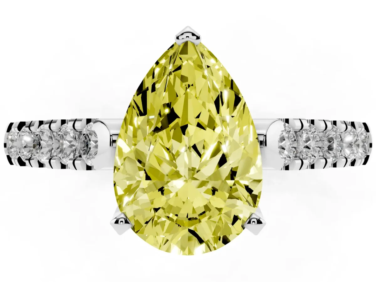 Fancy Yellow Pear Cut Diamond Pavé Band Solitaire Ring with Prong Setting Silver