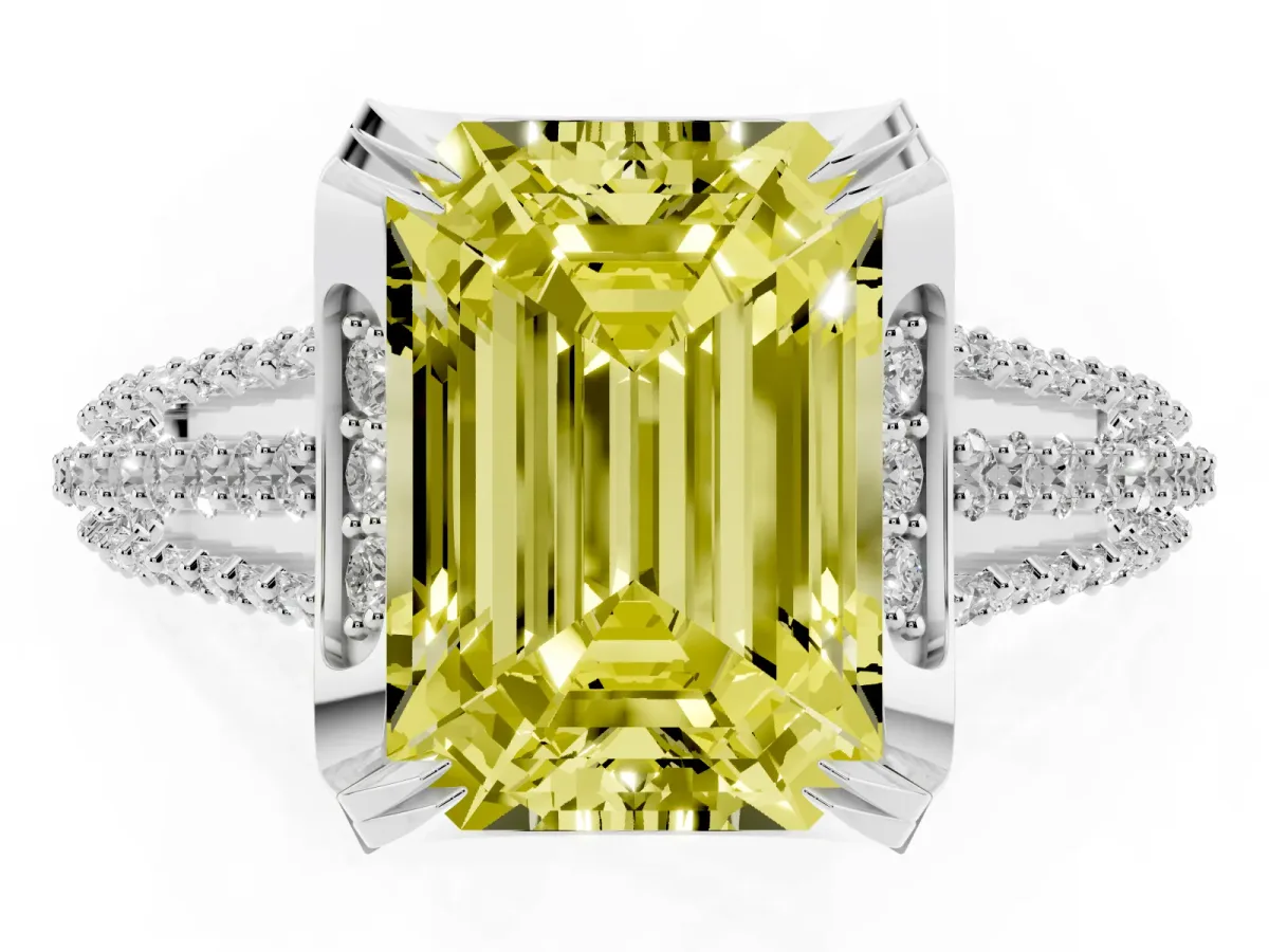 Fancy Yellow Emerald Cut Solitaire Pave Split Shank Ring with Four-Prong Setting Platinum