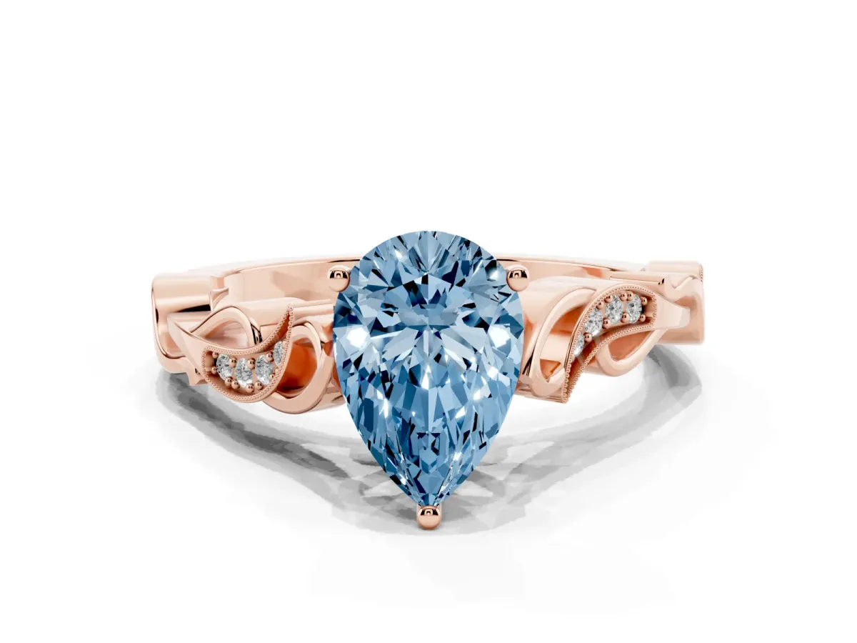 Fancy Blue Pear Cut Solitaire Vine Band with Milgrain Prong Setting Rose gold