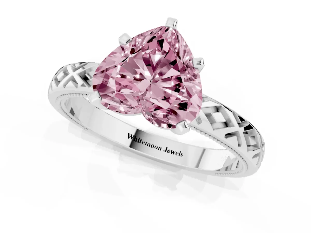 Fancy Pink Heart Cut Solitaire Diamond Ring with Milgrain and Black Enamel X Pattern Band Silver