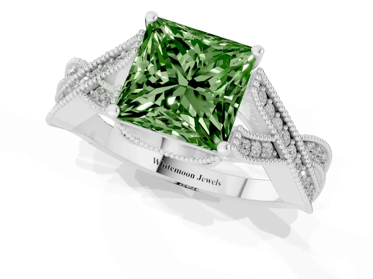Fancy Green Princess Cut Cut Diamond Twisted Band with Milgrain Pave Setting and Four-Prong Setting Platinum