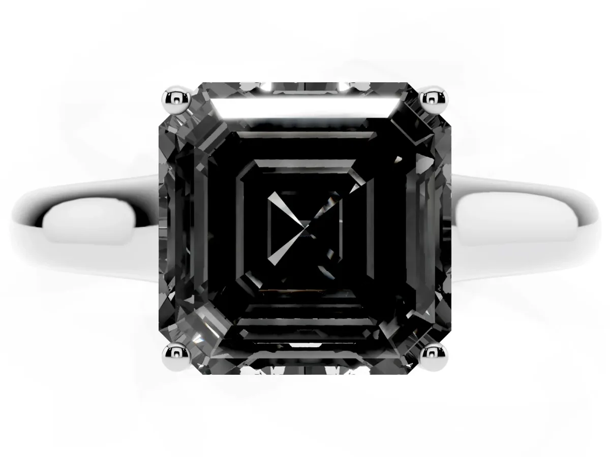 Fancy Black Asscher Cut Solitaire Engagement Ring with Tapered Band and Four-Prong Setting Platinum