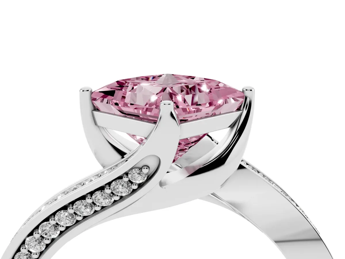 Fancy Pink Princess Cut Solitaire Diamond Twist Band with Pavé Setting and Four-Prong Setting Silver