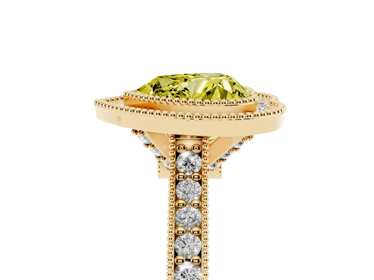Fancy Yellow Halo Heart Cut-Cut Diamond Pave Band Milgrain Prong Setting Ring Yellow gold