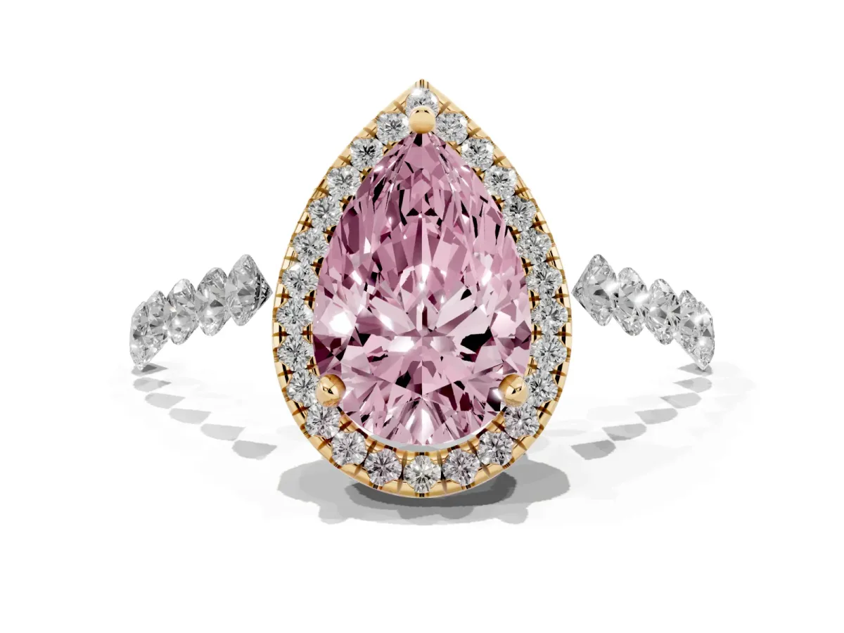 Fancy Pink Pear Cut Halo Pavé Diamond Engagement Ring with Four-Prong Setting Yellow gold