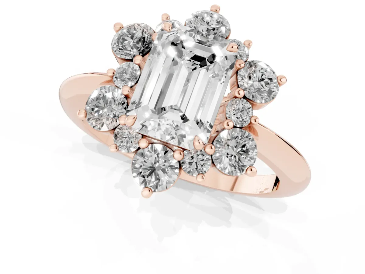 Emerald Cut Diamond Cluster Halo Ring with Solitaire Band and Four-Prong Setting Rose gold