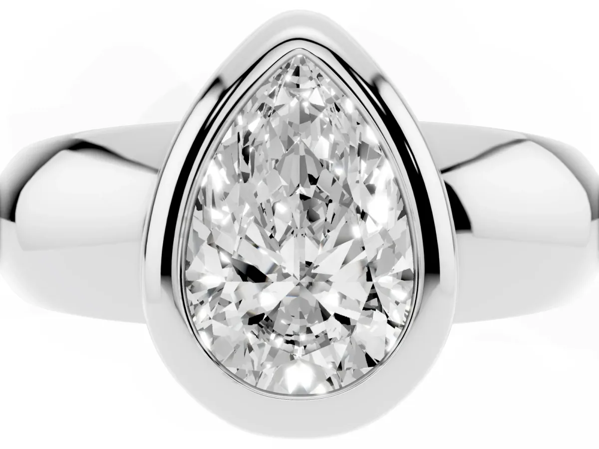 Bezel Set Pear Cut Solitaire Ring with Wide Band White gold