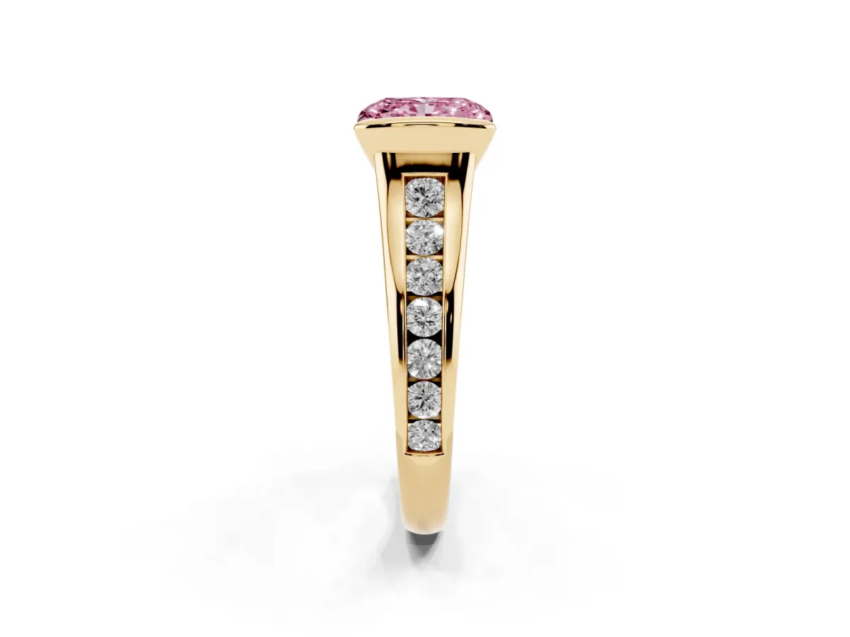 Fancy Pink Radiant Cut Solitaire Bezel-Set Diamond Ring with Channel-Set Band Yellow gold