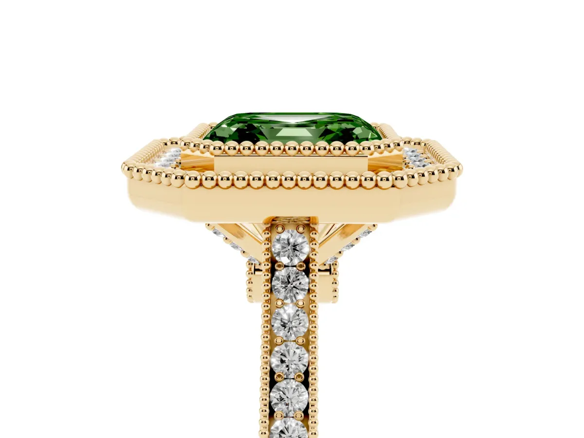 Fancy Green Asscher Cut Diamond Halo Ring with Milgrain Frame and Pavé Band Yellow gold