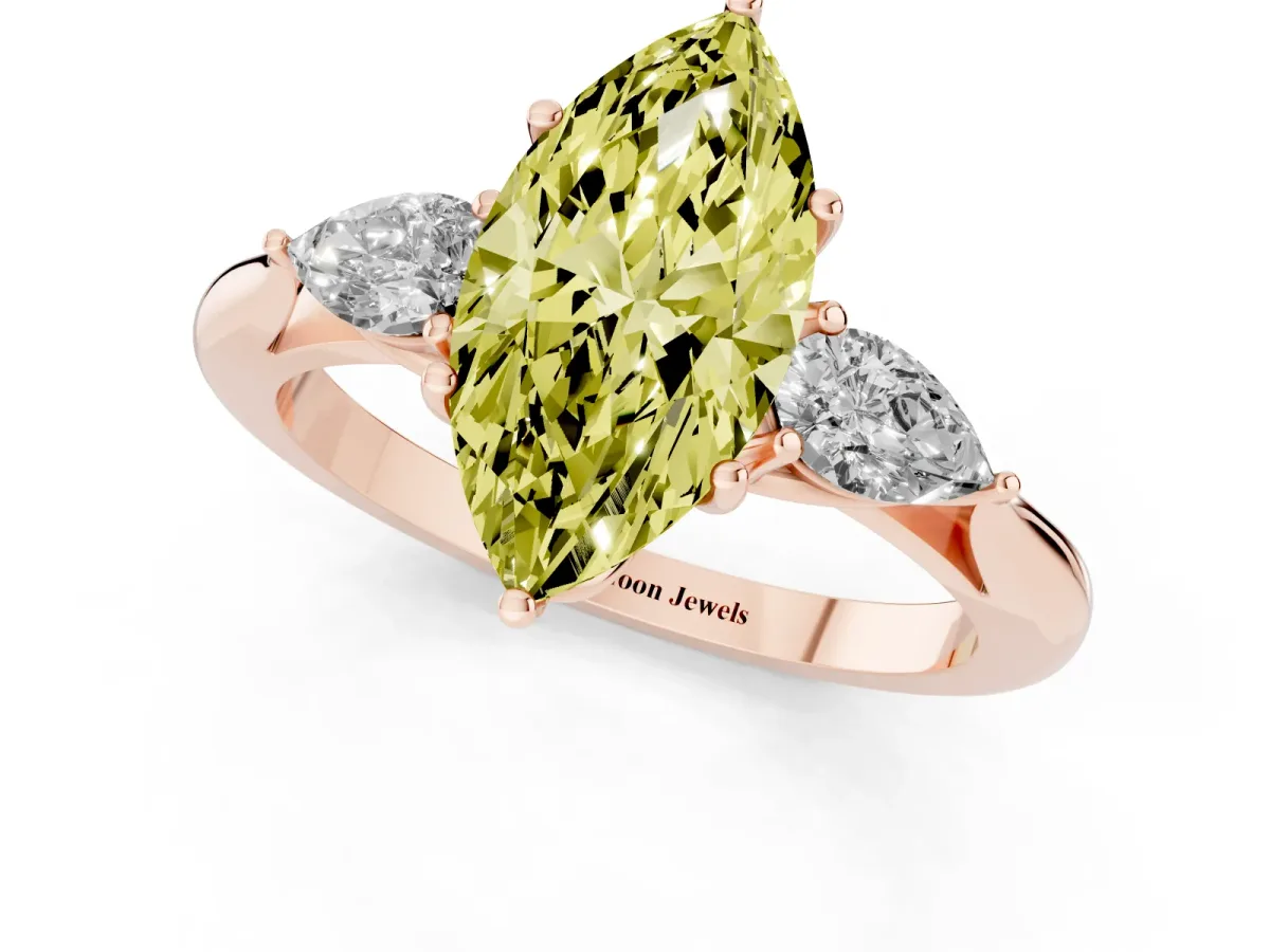 Fancy Yellow Marquise Cut Diamond Three-Stone Ring with Pear Side Stones and Prong Setting Rose gold