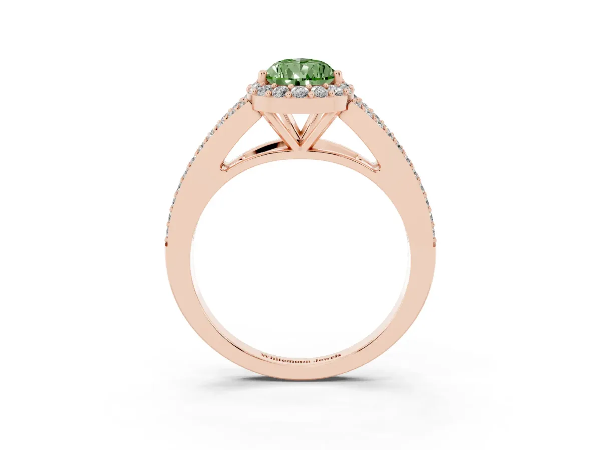 Fancy Green Pear Cut Halo Split Shank Pave Diamond Ring with Four-Prong Setting Rose gold