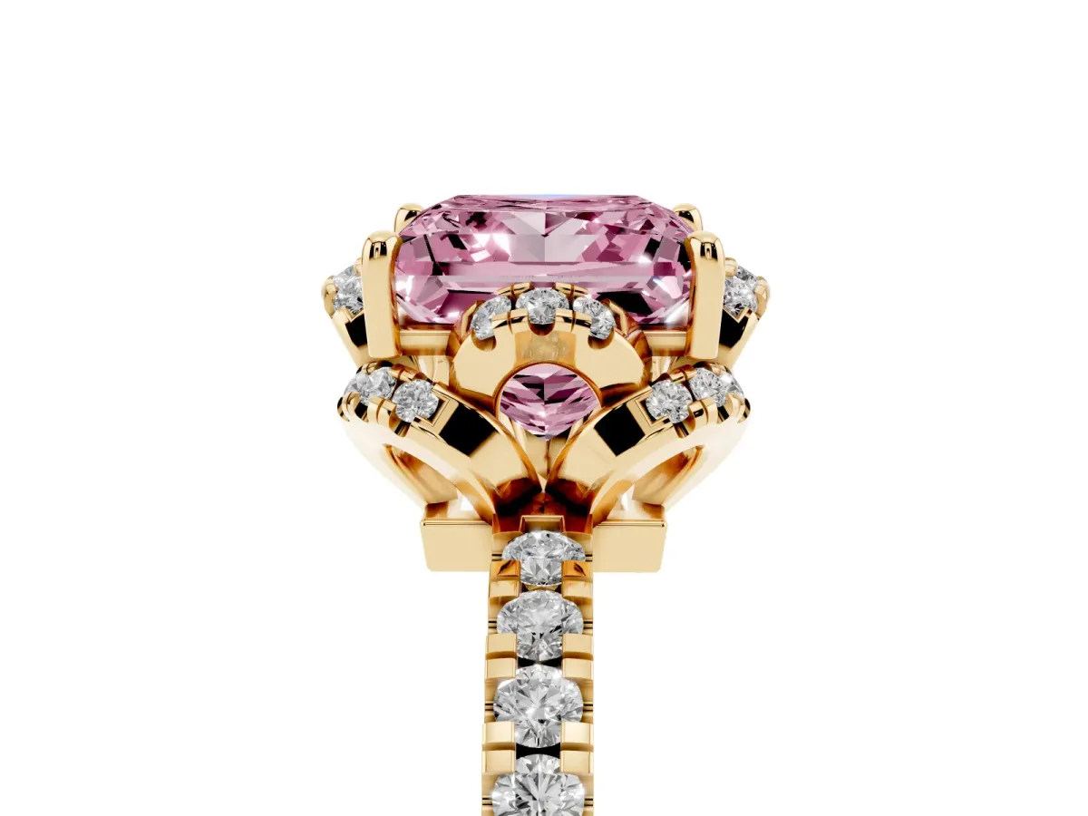 Fancy Pink Princess Cut Diamond Halo Pave Band with Four-Prong Setting Yellow gold