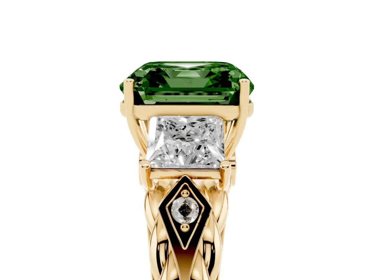 Fancy Green Three-Stone Asscher Cut Diamond Braided Band Ring with Four-Prong Setting Yellow gold