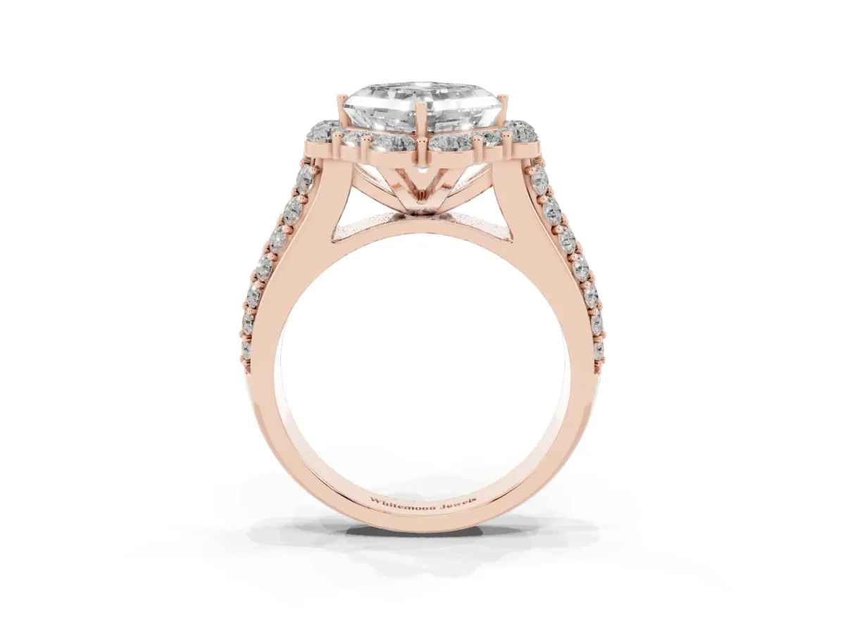 Asscher Cut Halo Diamond Engagement Ring with Split Shank and Prong Setting Rose gold