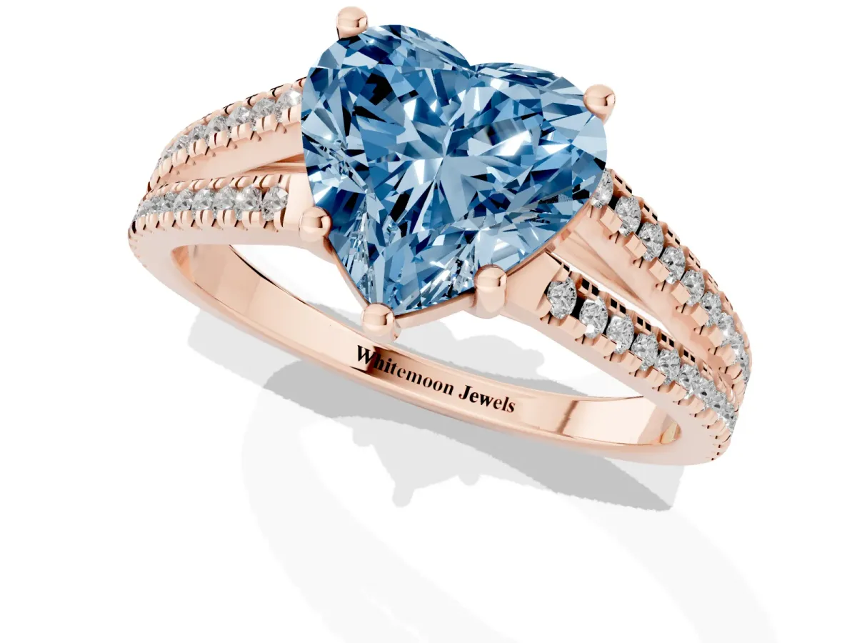 Fancy Blue Heart Cut Diamond Solitaire Engagement Ring with Split Shank Pavé Band Rose gold