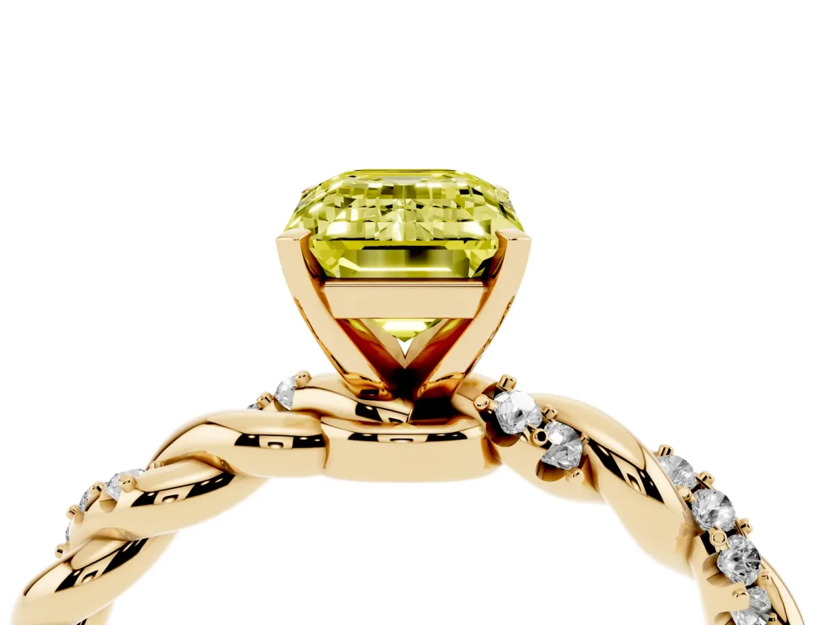 Fancy Yellow Emerald Cut Diamond Solitaire Ring with Twisted Band and Pavé Accents Yellow gold
