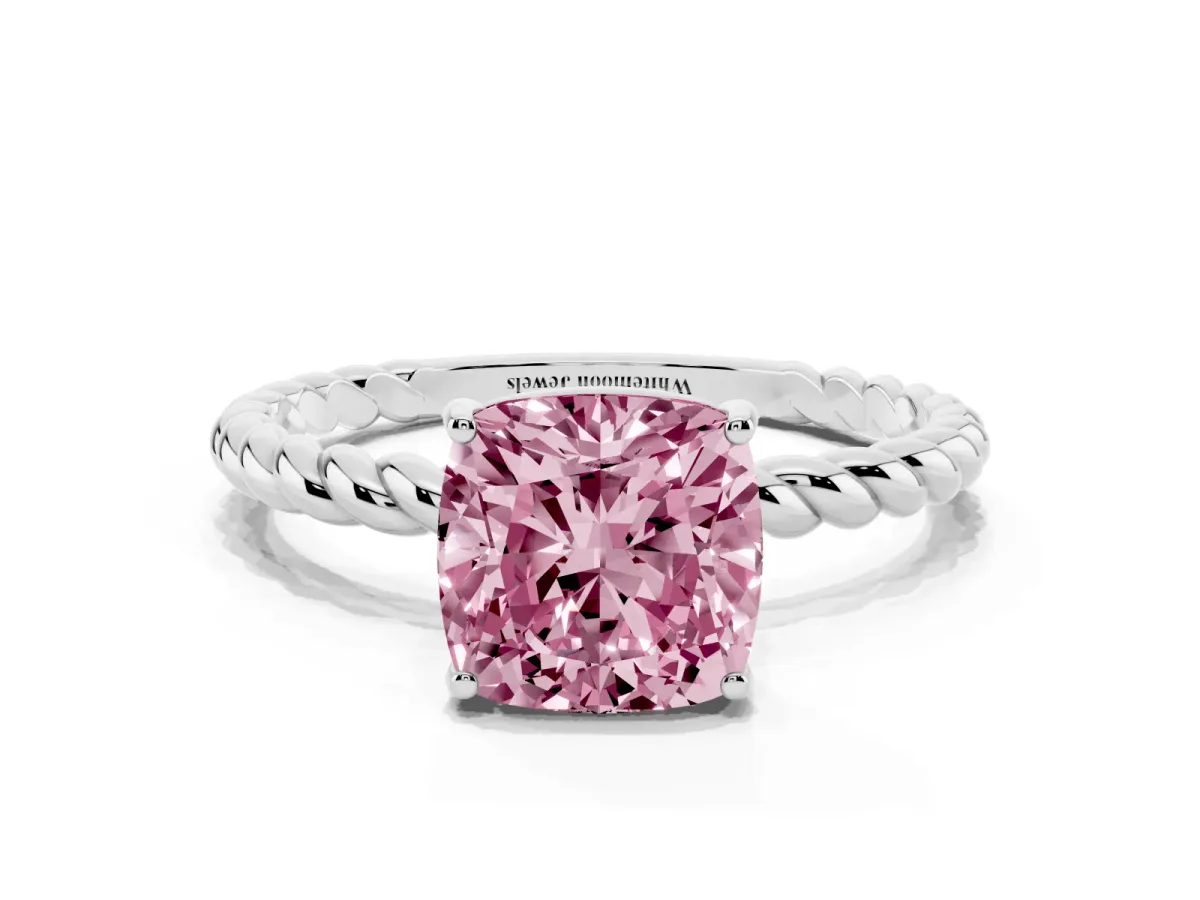 Fancy Pink Cushion Cut Solitaire Twist Band Ring with Four-Prong Setting Platinum