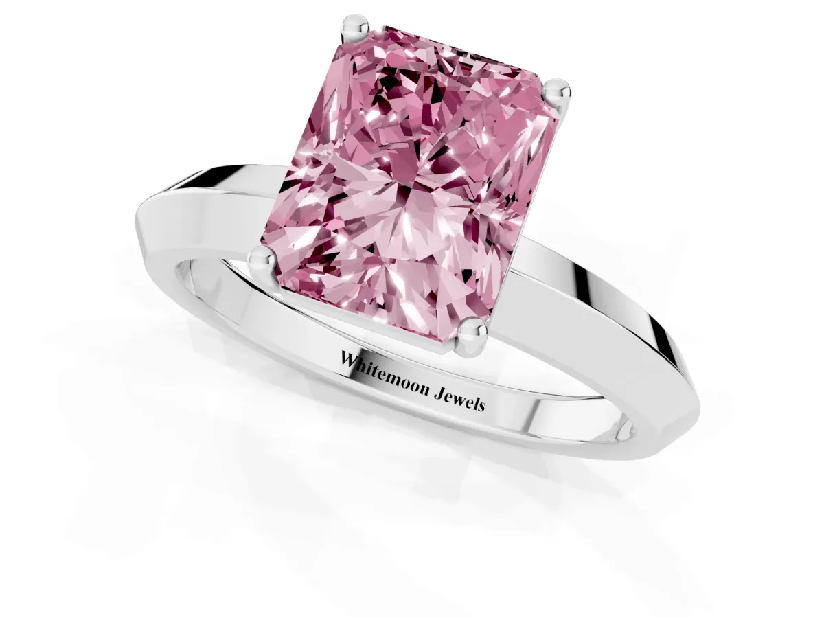 Fancy Pink Radiant Cut Cut Solitaire Engagement Ring with Flat Band and Four-Prong Setting Platinum