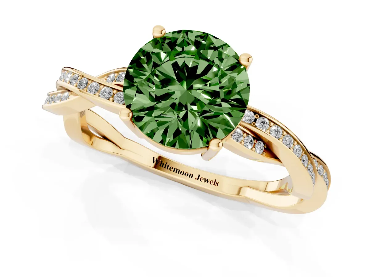 Fancy Green Round Cut Solitaire Twisted Pave Diamond Ring with Four-Prong Setting Yellow gold