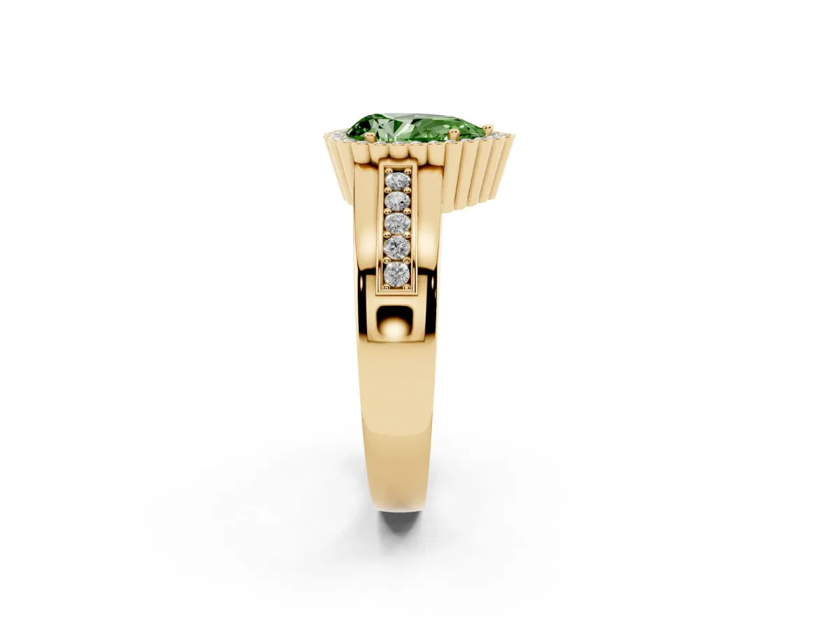 Fancy Green Pear Cut Cut Halo Pave Band Four-Prong Ring Yellow gold