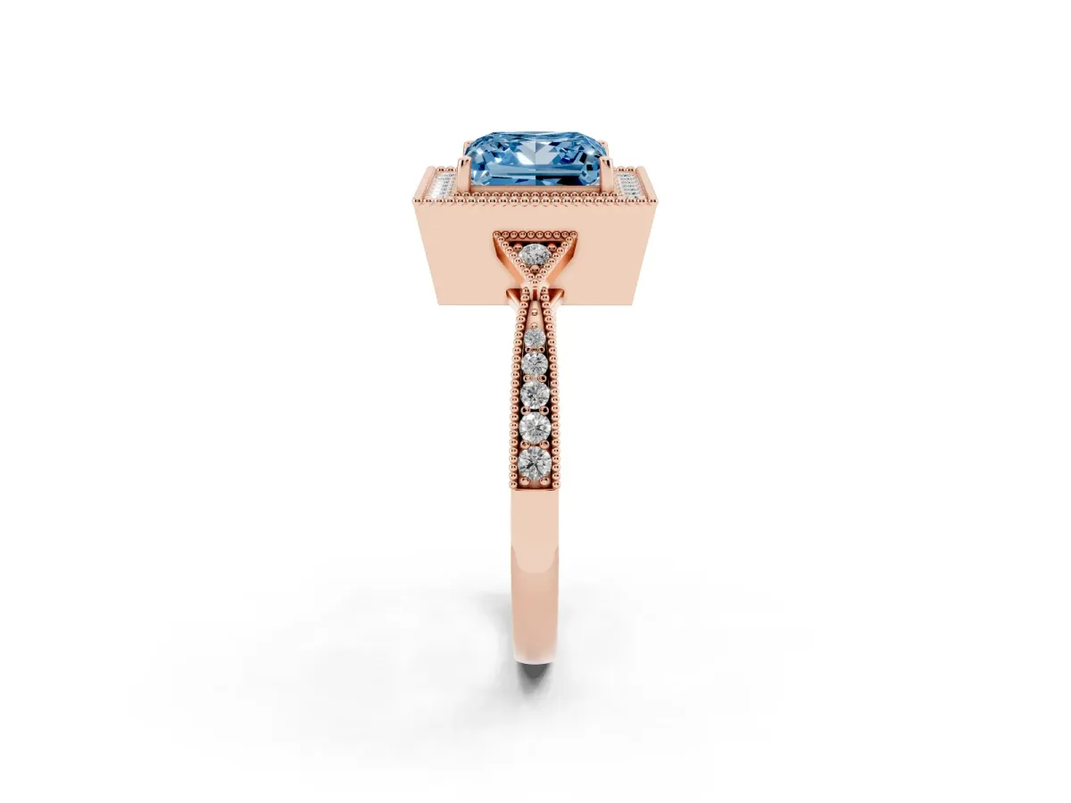 Fancy Blue Princess Cut Halo Round Diamond Milgrain Pave Engagement Ring Rose gold