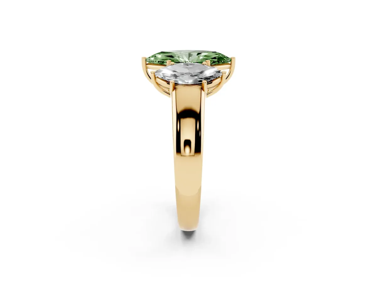Fancy Green Three-Stone Marquise Cut Cut Diamond Ring with Prong Setting and Classic Band Yellow gold