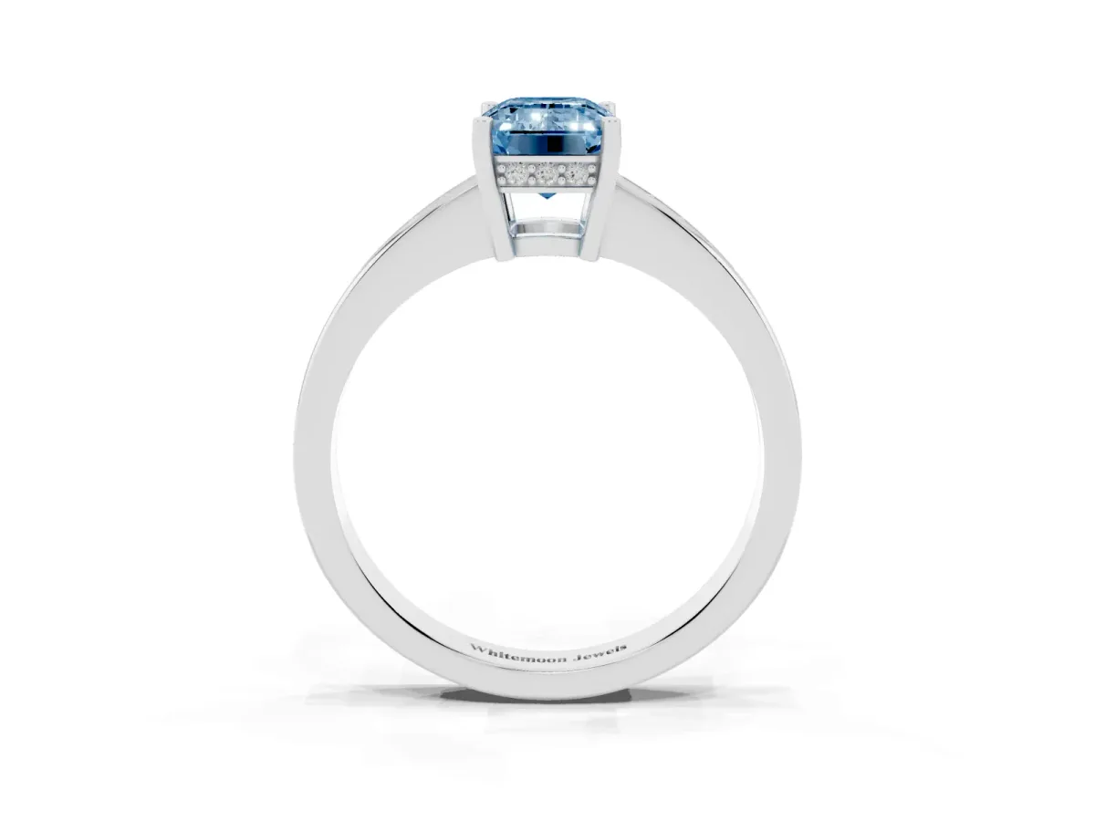 Fancy Blue Emerald Cut Solitaire Pavé Band Prong Setting Ring White gold