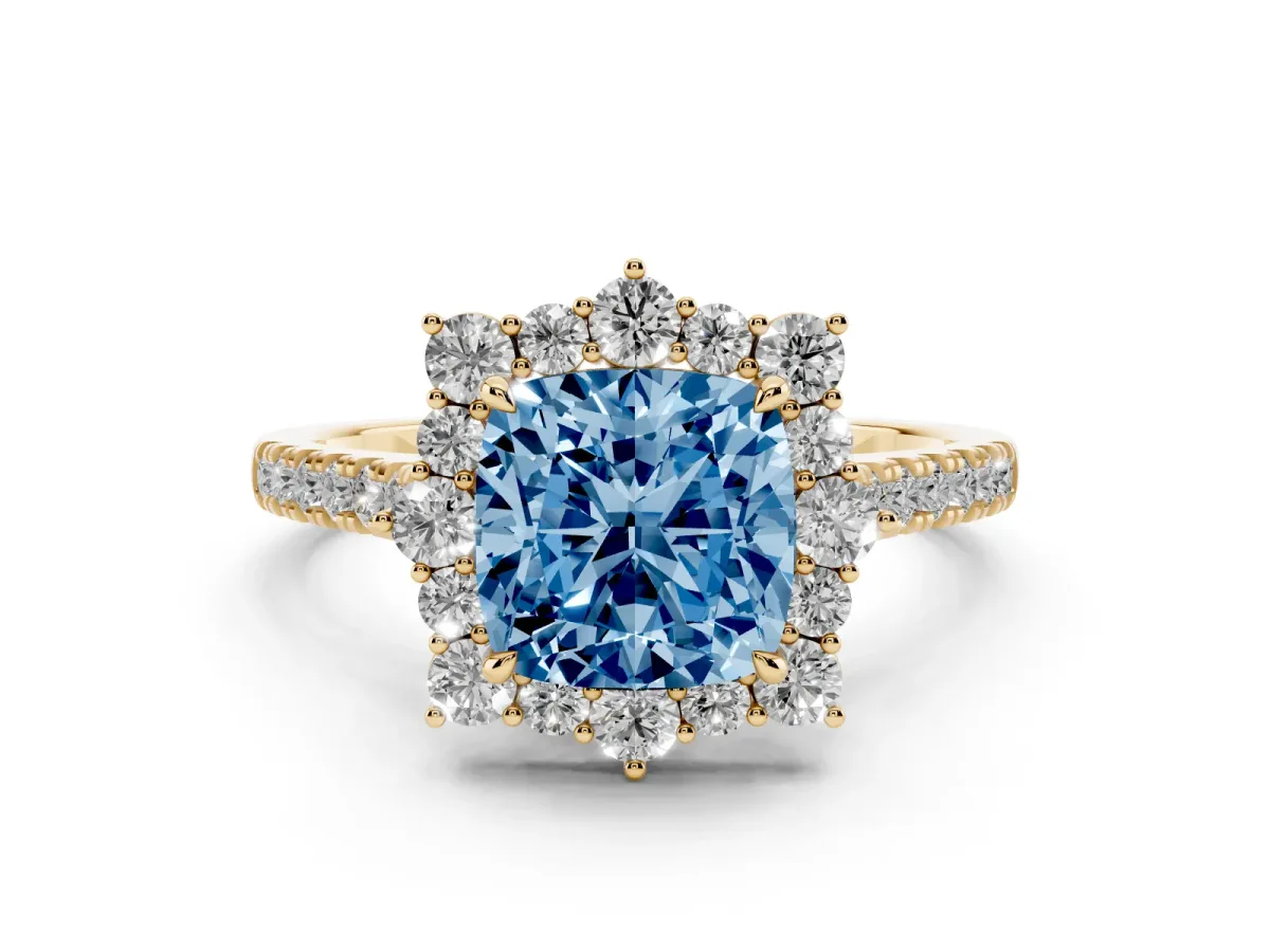 Fancy Blue Cushion Cut Halo Diamond Ring with Pavé Band and Prong Setting Yellow gold