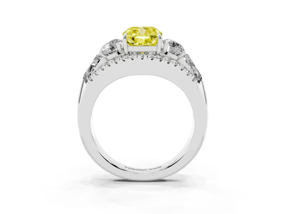 Fancy Yellow Three-Stone Cushion Cut Diamond Engagement Ring with Pave Band and Prong Setting Silver