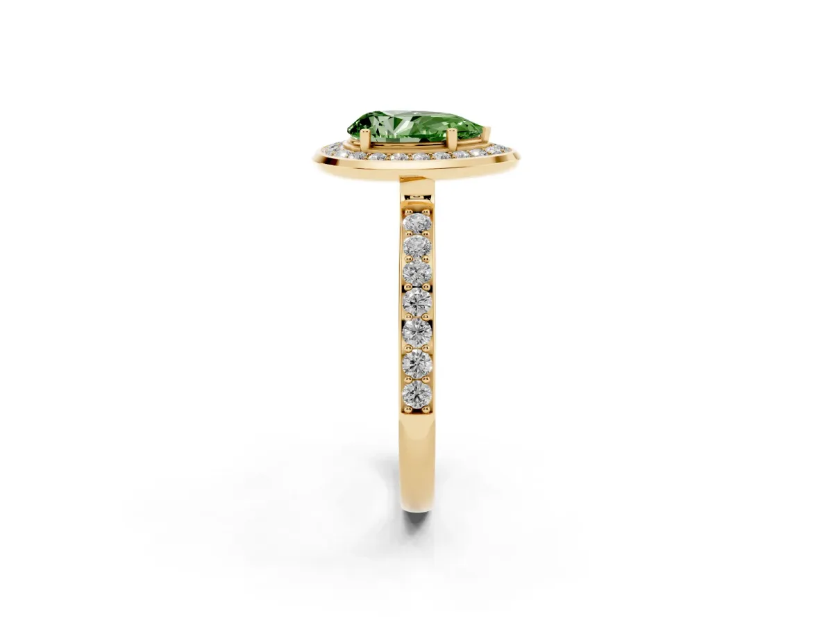 Fancy Green Pear Cut Diamond Halo Ring with Bezel Frame and Pavé Band Yellow gold