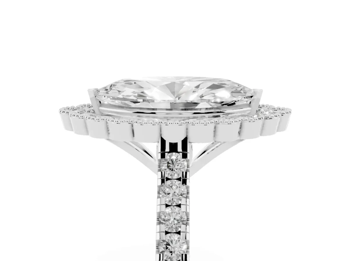 Marquise Cut Cut Diamond Milgrain Floral Halo Engagement Ring with Pavé Band Platinum