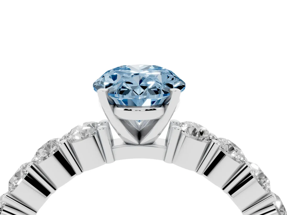 Fancy Blue Oval Cut Diamond Solitaire Ring with Shared Prong Round Side Stones Silver