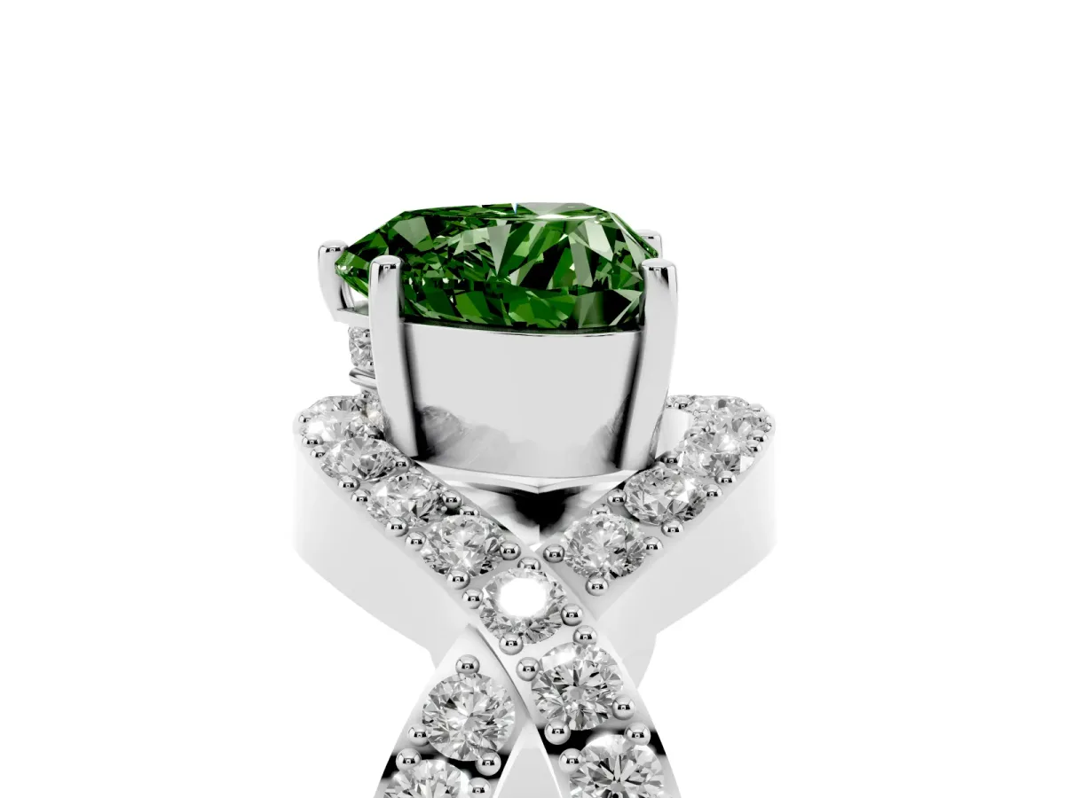 Fancy Green Heart Cut Solitaire Twist Band Pavé Diamond Engagement Ring Silver