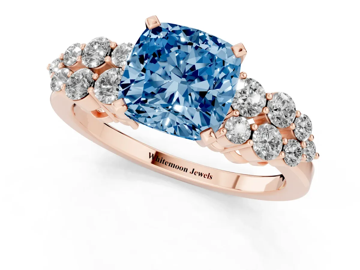 Fancy Blue Cushion Cut Cluster Diamond Engagement Ring with Pavé Band and Four-Prong Setting Rose gold