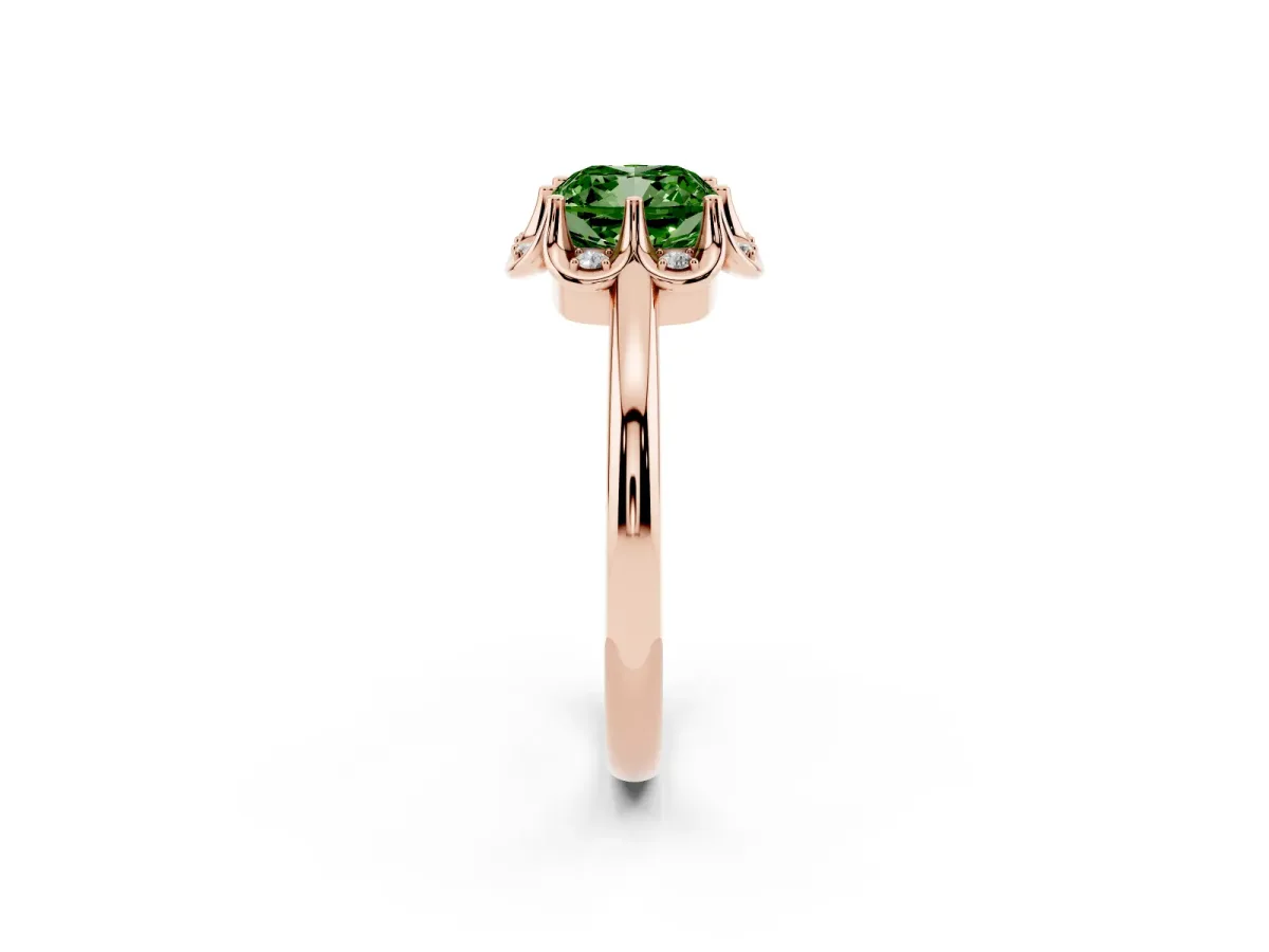 Fancy Green Cushion Cut Halo Diamond Ring with Round Cluster Setting, Solitaire Band, and Four-Prong Setting Rose gold