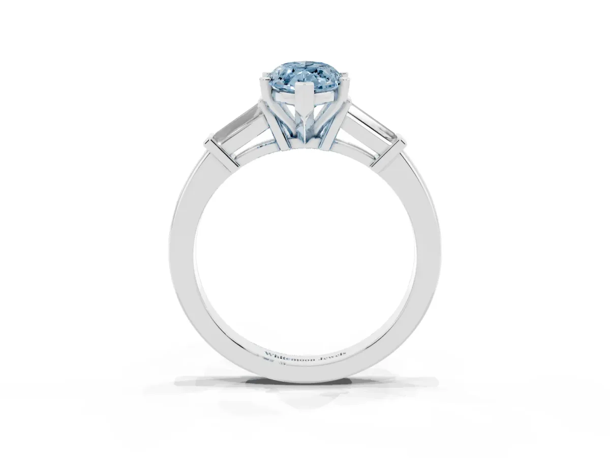 Fancy Blue Marquise Cut Cut Diamond Solitaire Ring with Tapered Baguette Accents and Four-Prong Setting Silver