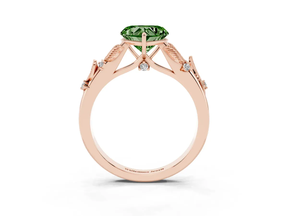 Fancy Green Heart Cut Diamond Solitaire Ring with Leaf Motif Band and Four-Prong Setting Rose gold