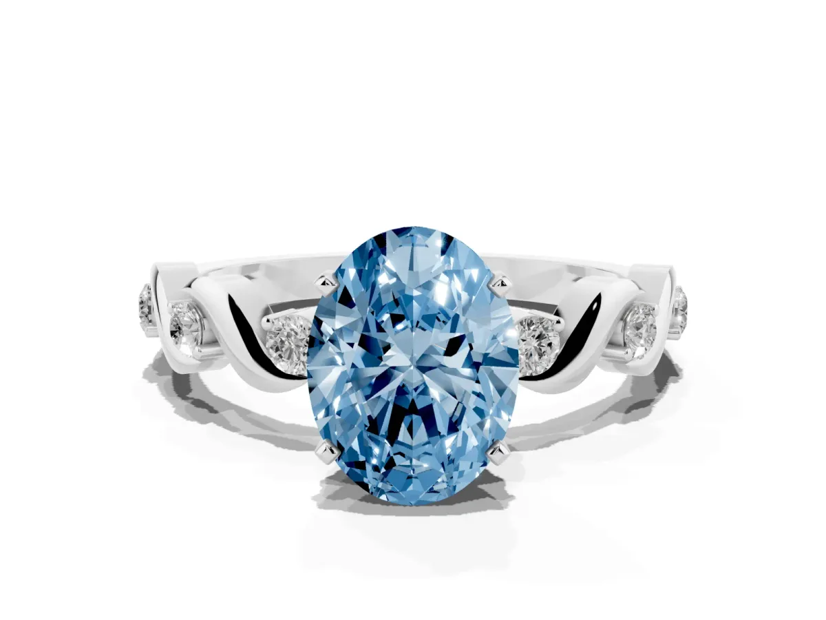 Fancy Blue Oval Cut Diamond Solitaire Twisted Band with Round Accents and Prong Setting Platinum