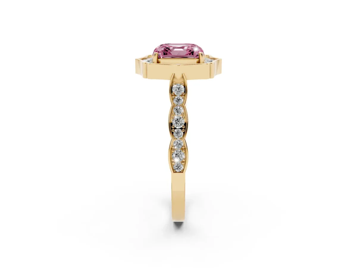 Fancy Pink Asscher Cut Halo Diamond Engagement Ring with Milgrain Band and Four-Prong Setting Yellow gold
