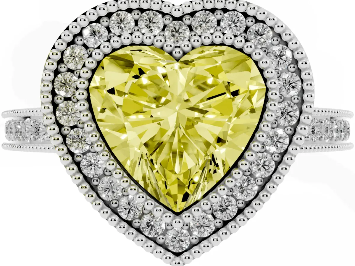 Fancy Yellow Heart Cut Cut Halo Diamond Ring with Pavé Band and Milgrain Prong Setting Platinum